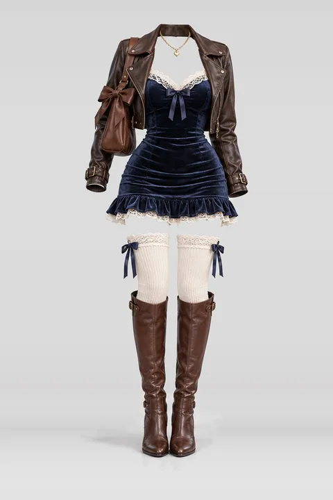 Navy lace velvet mini dress leather