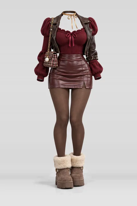 Red knit ribbon burgundy leather mini