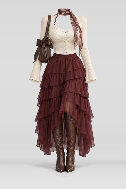 Ivory knit cardigan camisole burgundy skirt