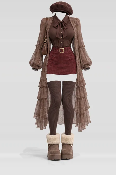 Blouse red suede mini skirt belt