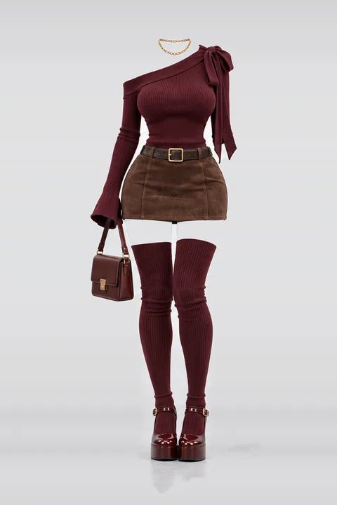 Burgundy ribbon knit suede mini skirt