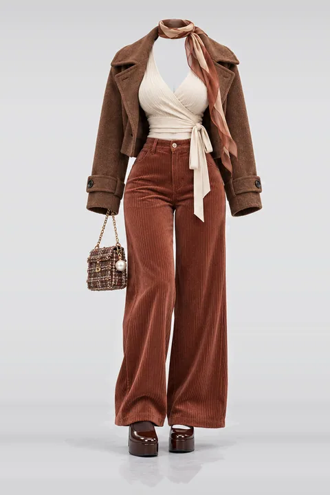 Ivory knit corduroy pants wool coat