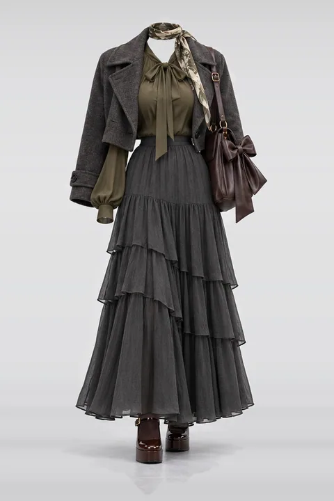 Olive green blouse skirt wool coat