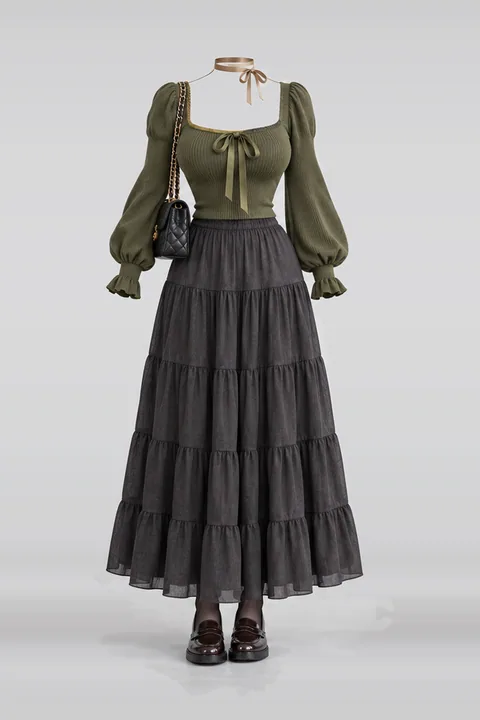 Olive green knit ribbon skirt loafers
