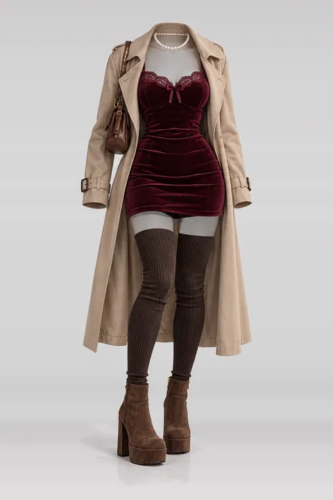Burgundy lace velvet mini dress beige