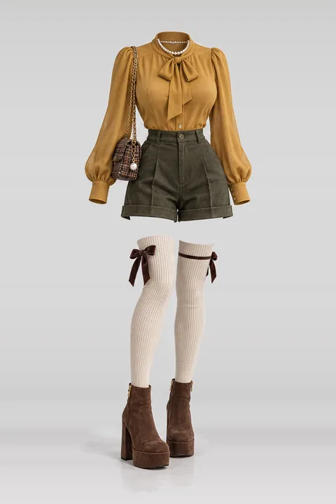 Blouse olive green pants socks ribbon