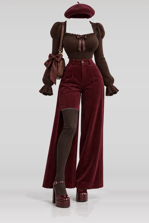 Brown knit ribbon burgundy corduroy pants
