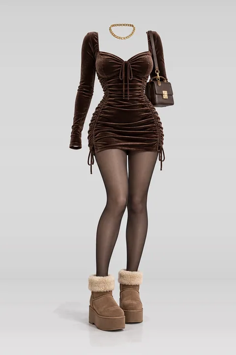 Brown mini dress black tights boots