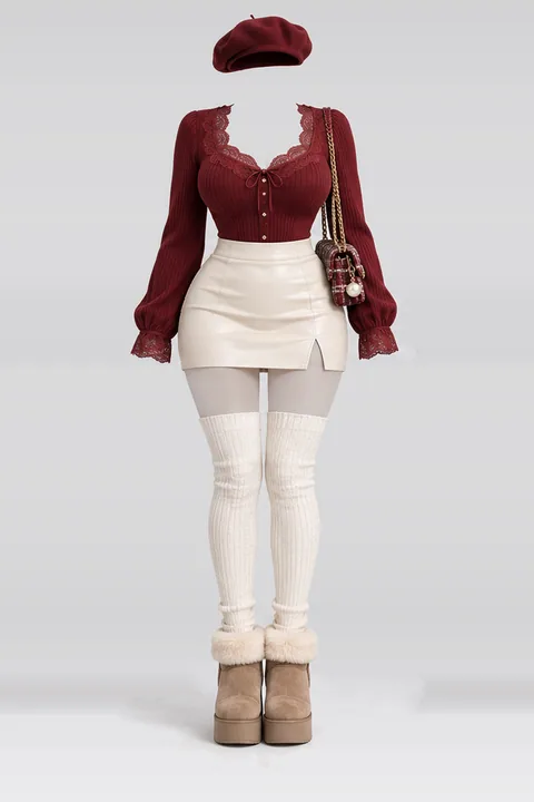Red lace blouse ivory leather mini
