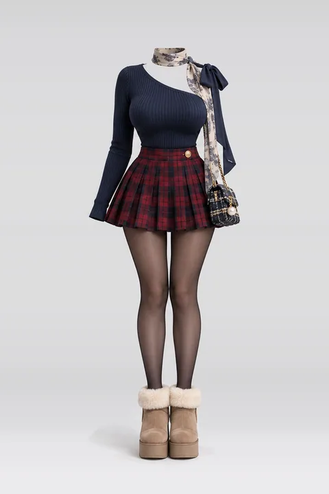 Navy ribbon knit red black pleated