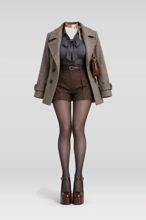 Blouse pants wool coat black tights