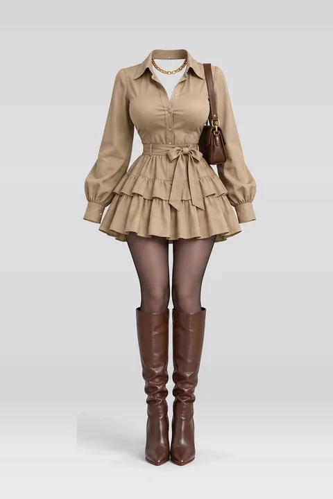 Khaki mini shirt dress black tights
