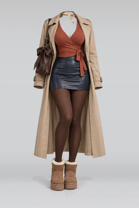 Knit navy leather mini skirt beige