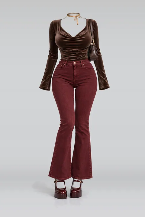 Red denim pants brown bag gold