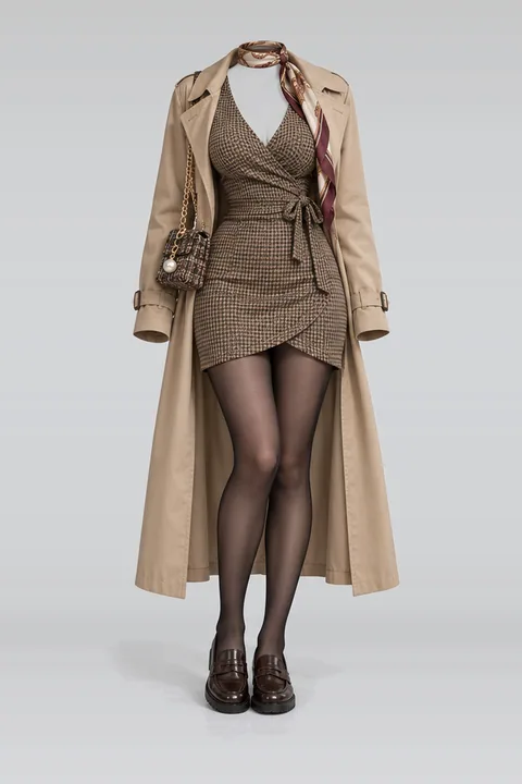 Khaki dress beige coat black tights