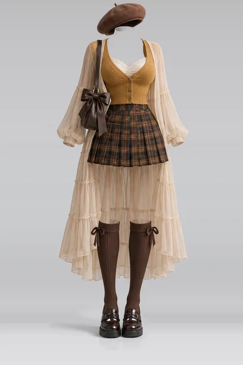Knit cardigan camisole brown pleated mini