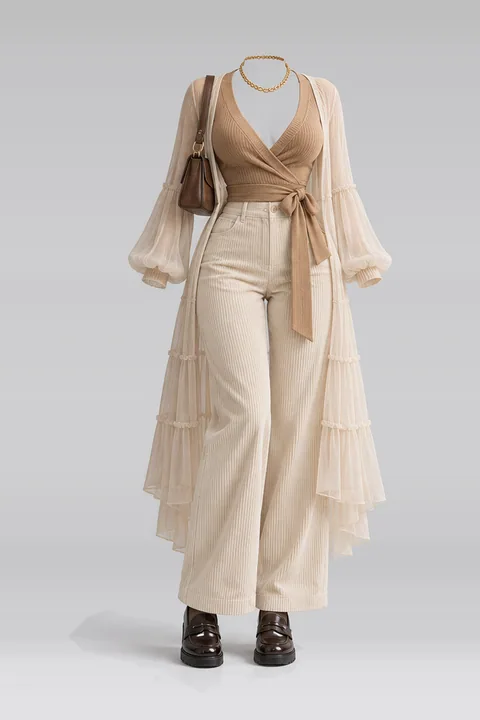 Knit ivory corduroy pants cardigan brown