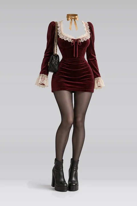 Burgundy lace velvet mini dress black