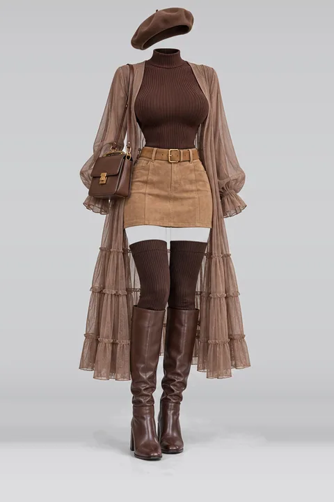 Knit suede mini skirt belt cardigan