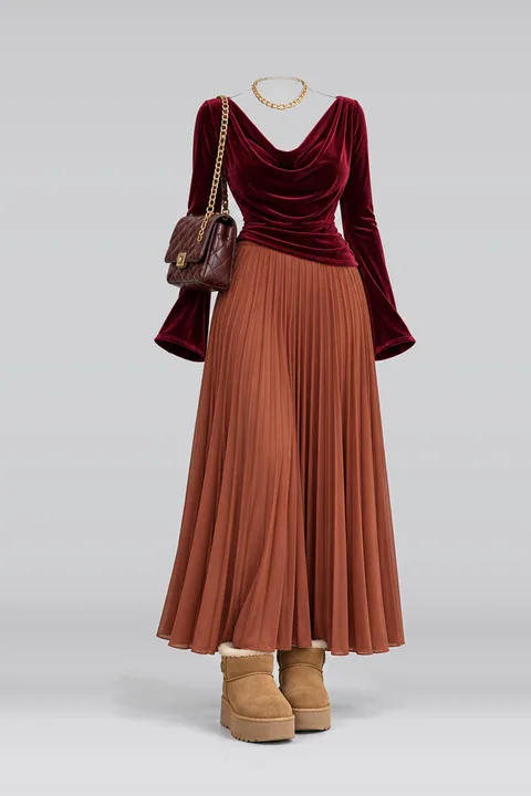 Red pleated skirt boots bag gold