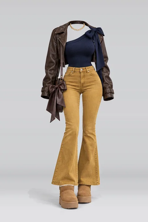 Navy ribbon knit denim pants leather