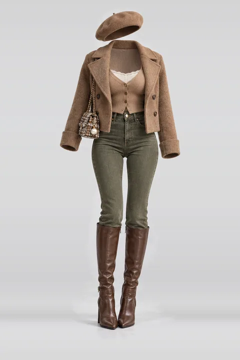 Knit cardigan camisole olive green denim
