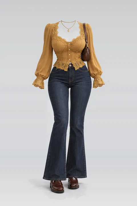 Lace blouse navy denim pants loafers