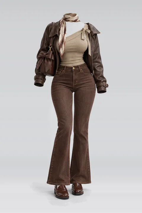 Khaki ribbon knit denim pants leather