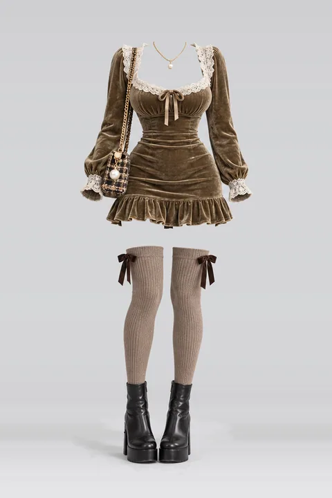 Khaki lace velvet mini dress socks