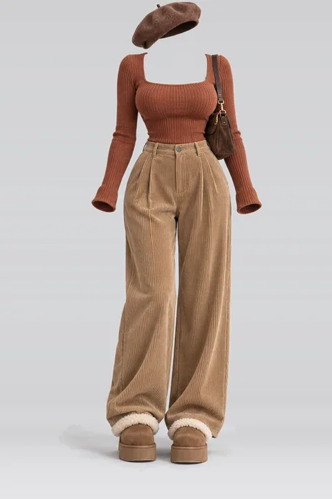Knit corduroy pants boots brown bag