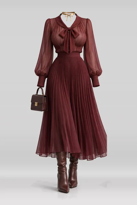 Burgundy blouse red pleated skirt brown