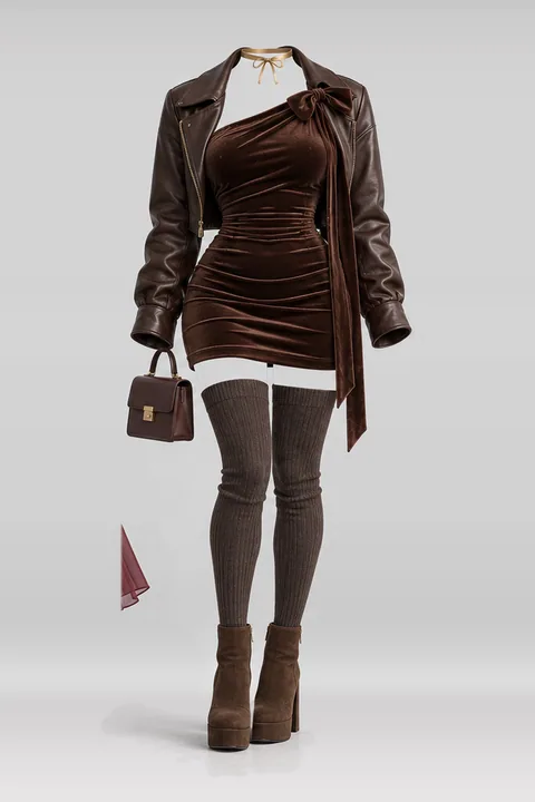 Ribbon knit mini dress leather jacket