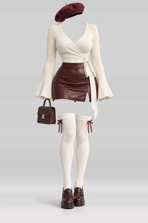 Ivory knit red leather mini skirt