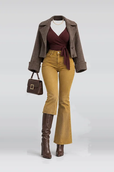 Burgundy knit denim pants wool coat