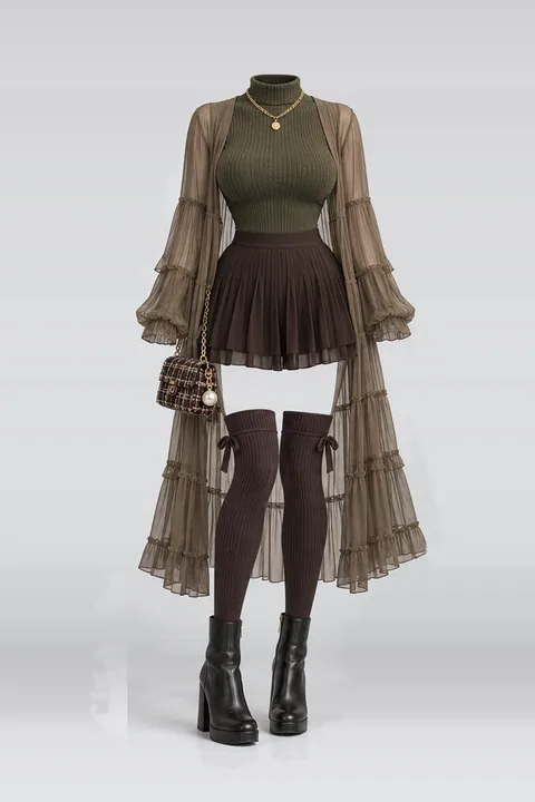 Olive green knit black pleated mini
