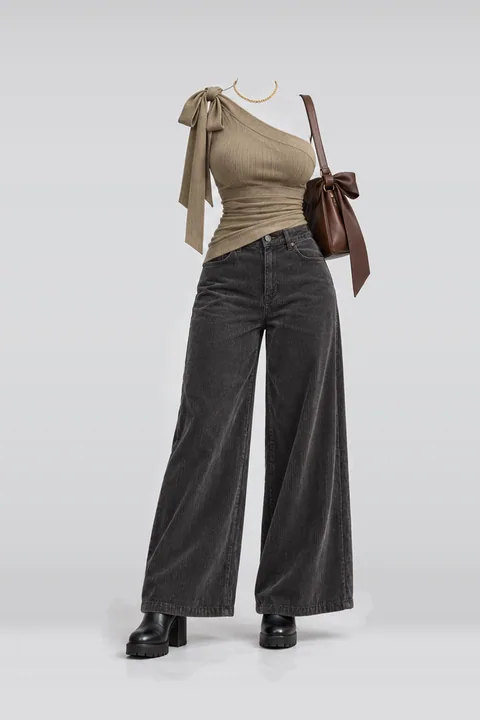 Khaki ribbon knit corduroy pants black