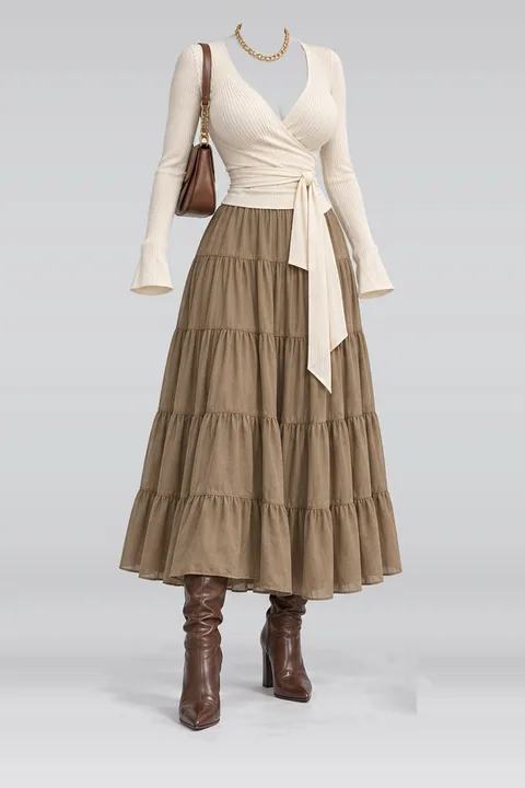 Ivory knit khaki skirt brown leather