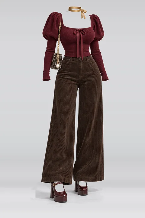 Burgundy knit ribbon brown corduroy pants