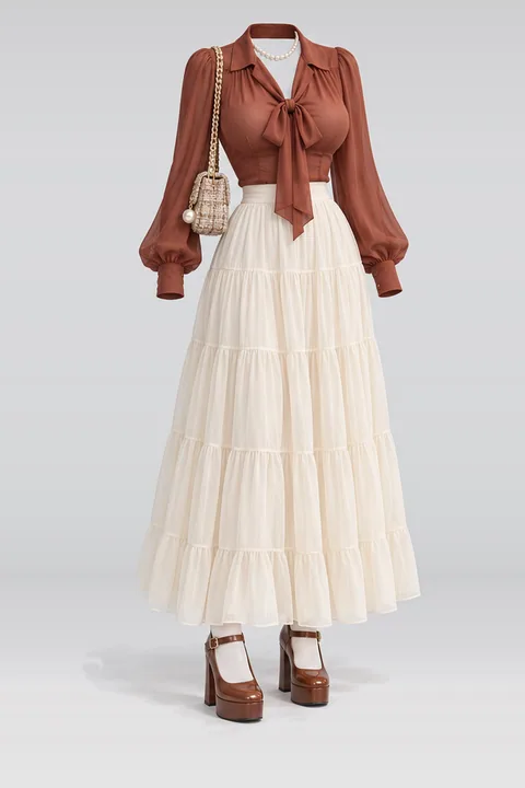 Blouse ivory skirt mini bag necklace