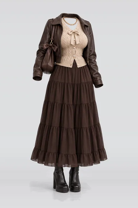 Knit cardigan brown skirt leather jacket