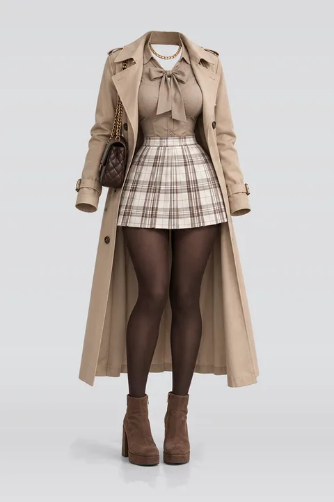 Khaki blouse ivory pleated mini skirt