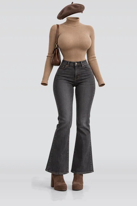 Knit denim pants suede boots brown