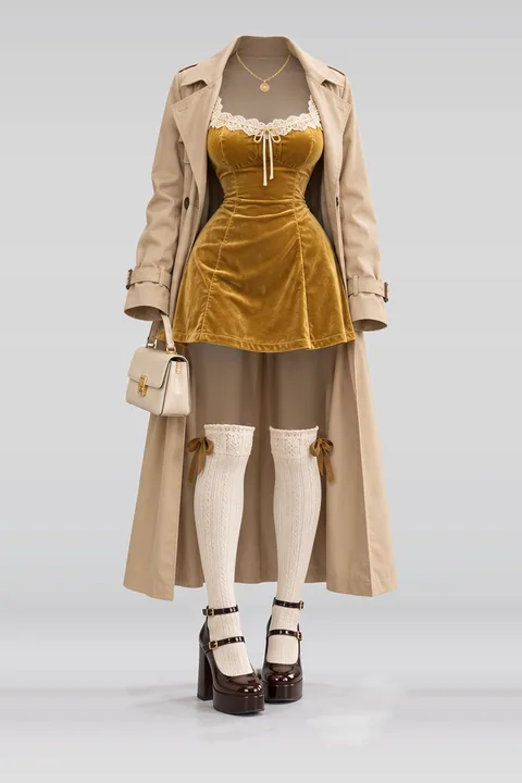 Lace velvet mini dress beige coat
