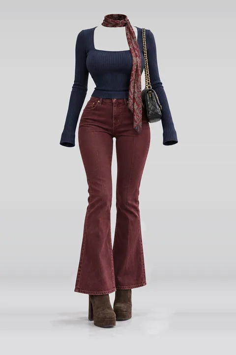 Navy knit burgundy denim pants suede