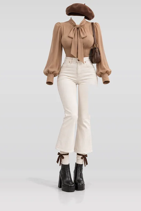 Blouse ivory denim pants socks ribbon