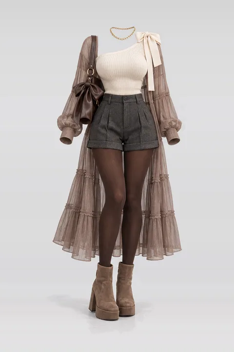 Ivory ribbon knit pants cardigan brown