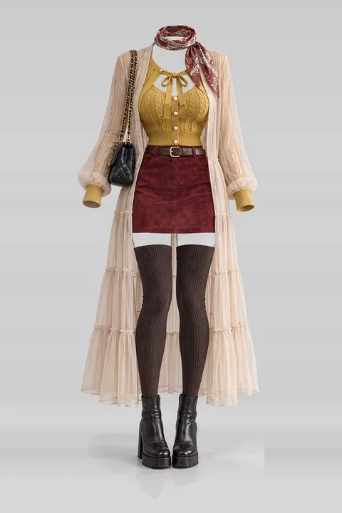 Knit cardigan red suede mini skirt