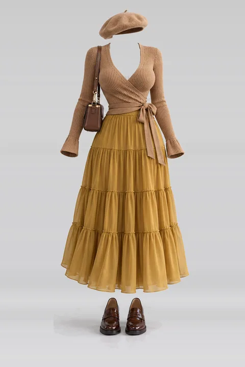 Knit skirt loafers mini bag beret