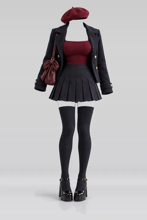Red knit navy black pleated mini