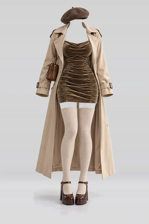 Khaki mini dress beige coat socks
